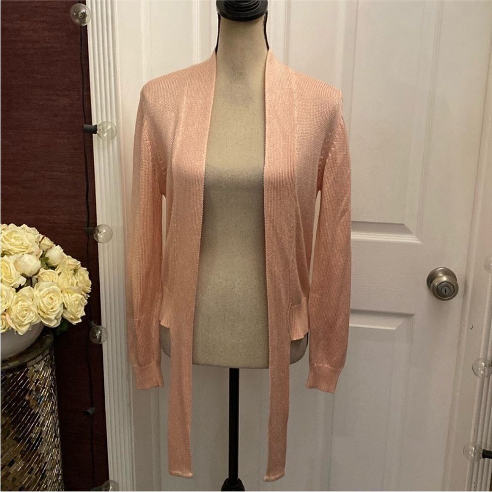 Nancy Knits Elegant salmon  Pink Open-Front Sweater, XS